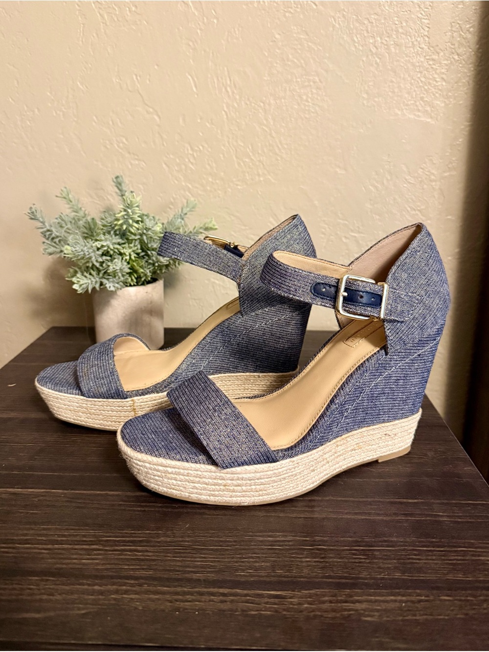 ANTONIO MELANI Denim-Textured Blue Wedge Espadrilles with Ankle Buckle